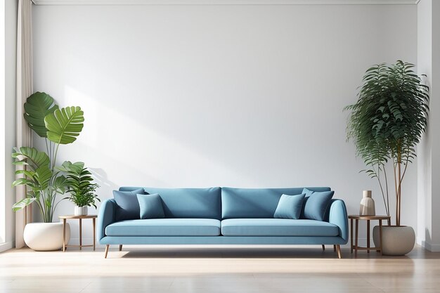 Leeres Wohnzimmer mit blauen Sofa-Pflanzen und Tisch auf leeren weißen Wandhintergrund 3D-Rendering