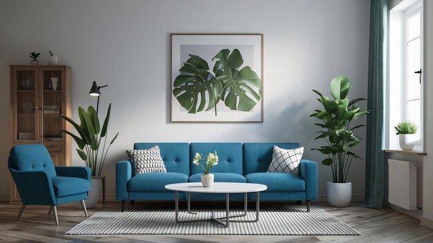 Leeres Wohnzimmer mit blauen Sofa-Pflanzen und Tisch auf leerer weißer Wand-Hintergrund 3D-Rendering