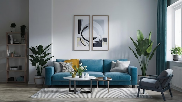 Leeres Wohnzimmer mit blauen Sofa-Pflanzen und Tisch auf leerer weißer Wand-Hintergrund 3D-Rendering