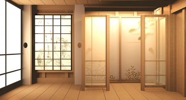 Leeres Zimmer Holz auf Holzboden japanische Innenarchitektur.3D Rendering