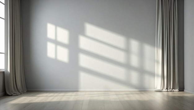 Leeres Zimmer mit grauen Wänden, Vorhängen und leichten Schatten aus dem von vorne sichtbaren Fenster