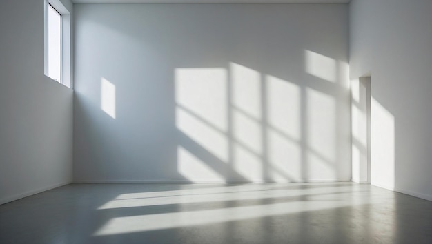 Leeres Zimmer mit grauen Wänden, Vorhängen und leichten Schatten aus dem von vorne sichtbaren Fenster