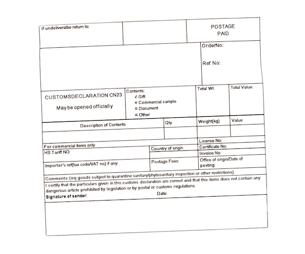 Foto leeres zollerklärungsetikett isoliert auf weiß