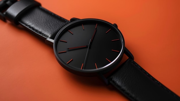 Leermodell einer schlanken Lederuhr mit minimalistischem Design und schwarzem Gesicht