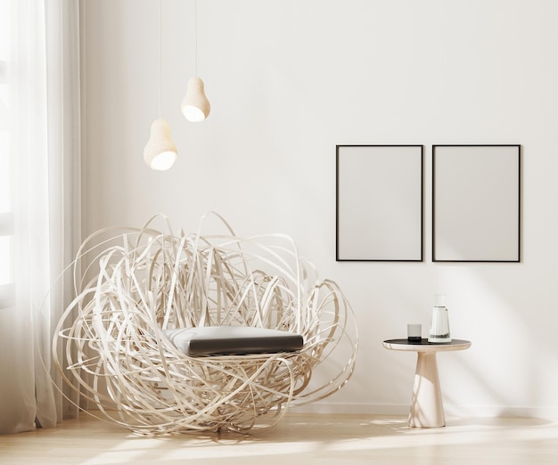 Leerrahmen-Mockup im modernen Innenraum Hintergrund hellbeige Wohnzimmer mit stilvollem Sessel Posterrahmen-mockup skandinavischer Stil 3D-Rendering