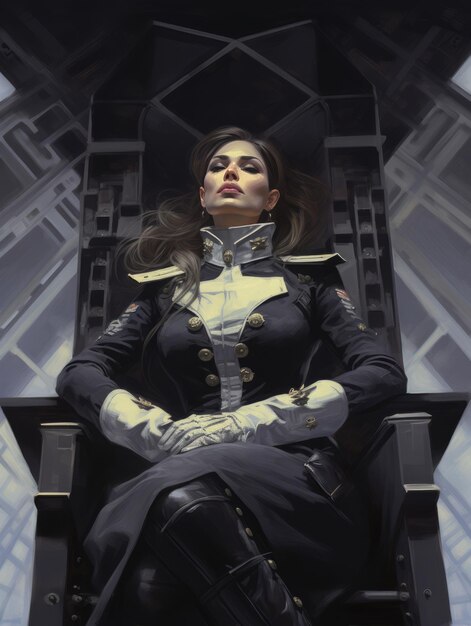 El legado de la nave espacial latente Almirante mujer en uniforme de cuero Un informe en botas de rodillas