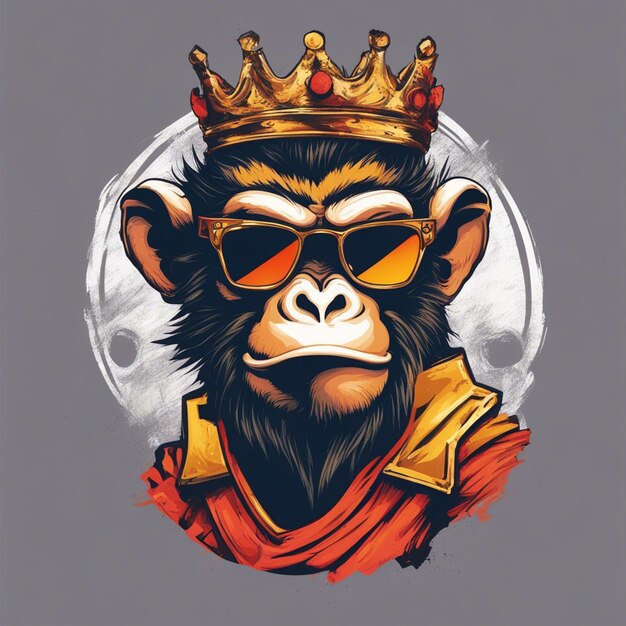 Foto legal macaco king usando óculos escuros e coroa com design moderno de camiseta