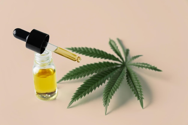 Legalisiertes Cannabis-Sativa-Hanfblatt und Behälter mit CBD-Öl mit Tropfdeckel