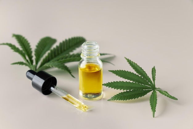 Legalisiertes Cannabis-Sativa-Hanfblatt und Behälter mit CBD-Öl mit Tropfdeckel