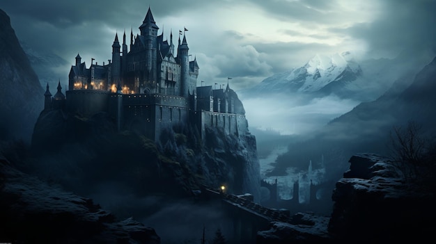 El legendario castillo de vampiros en las montañas de niebla IA generativa