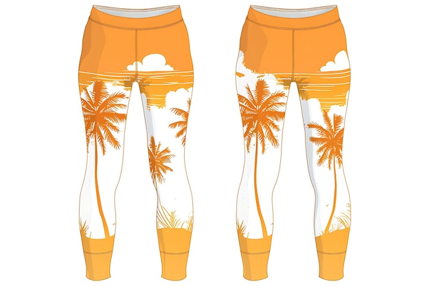 Foto leggings cortadas com palmeiras e impressões de pôr-do-sol na perna ilustração colecção de roupas planas