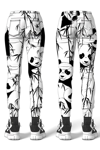 Foto leggings cortadas com patches de rosto de panda nos joelhos cobrem roupas infantis de ilustração plana criativa