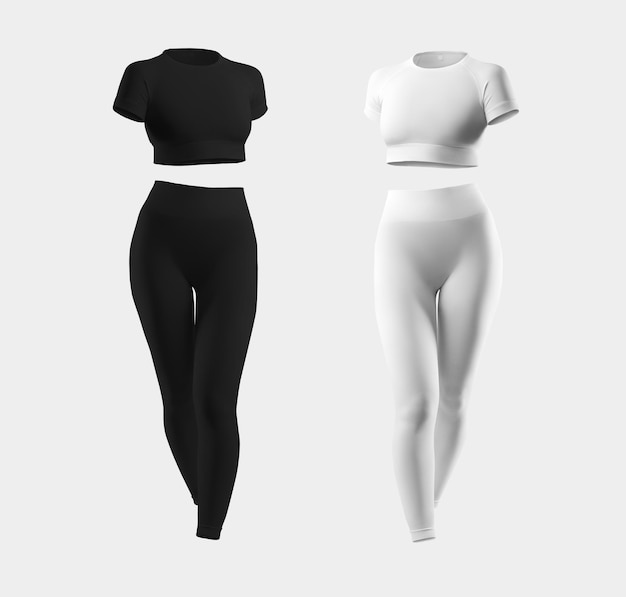 leggings de terno de compressão branco preto camiseta curta top isolado no fundo