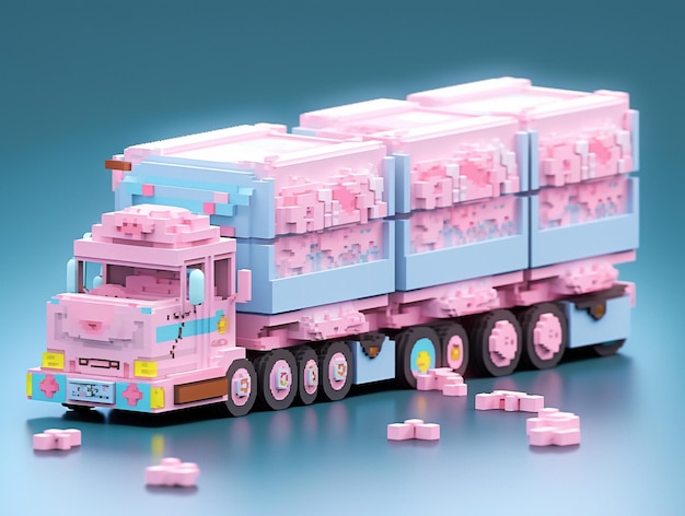 Lego-Truck mit rosa und blauen Blöcken auf einer blauen Oberfläche, generative KI