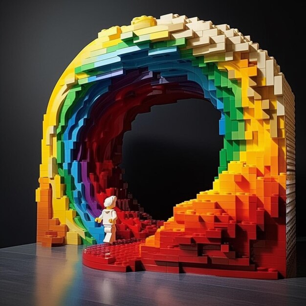 Los Legos están dispuestos en un túnel de arco iris para crear una IA generativa de arco Iris