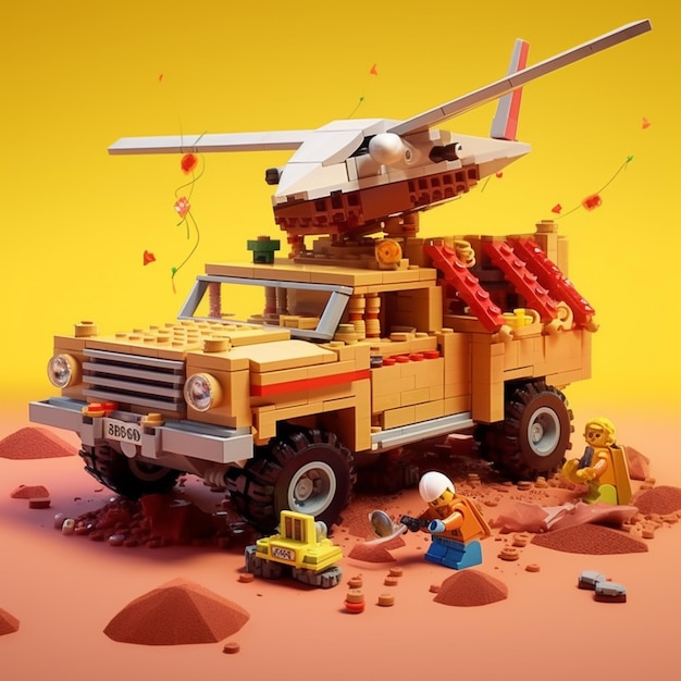 Legos werden so zusammengebaut, dass sie wie ein Lastwagen mit einem Flugzeug darauf aussehen. Generative KI