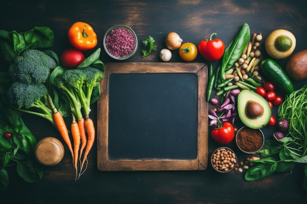 Legumes ao redor do quadro-negro em branco na vista superior da mesa