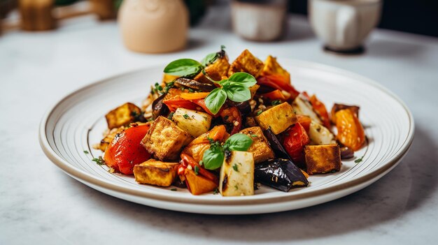 Legumes Assados com Quinoa e Tofu num Prato