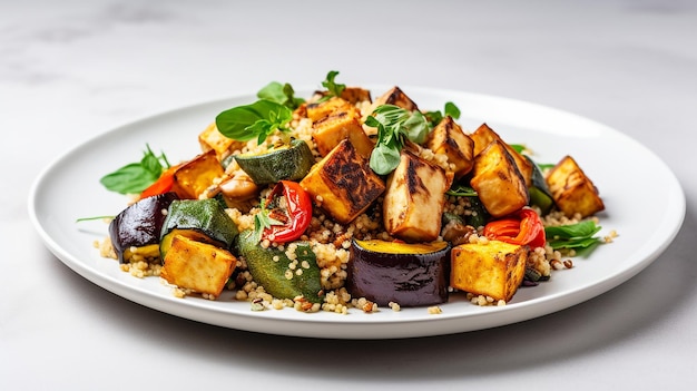 Legumes Assados com Quinoa e Tofu num Prato