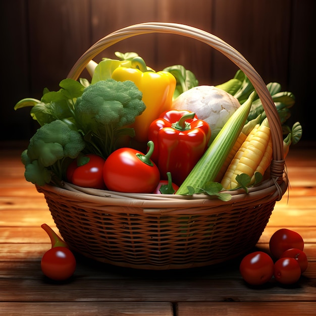Legumes coloridos em uma mesa de madeira são melhores para uma alimentação saudável gerada por IA
