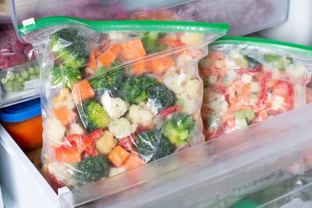 Legumes congelados em sacos, comida de dieta saudável fria, natural. Comida congelada.