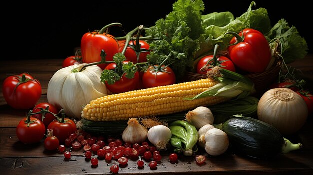 Foto legumes crus em cesta em fundo escuro