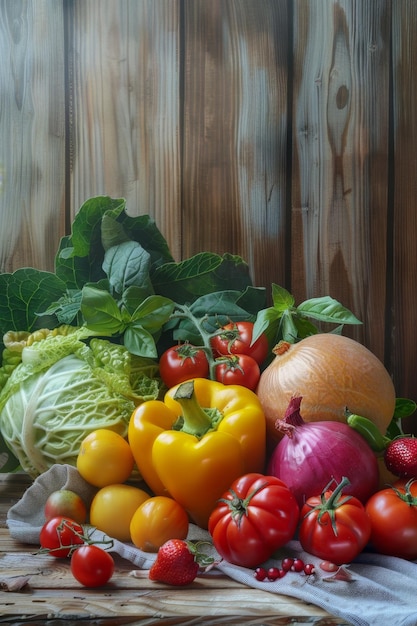 legumes e frutas com ervas numa mesa de madeira IA generativa