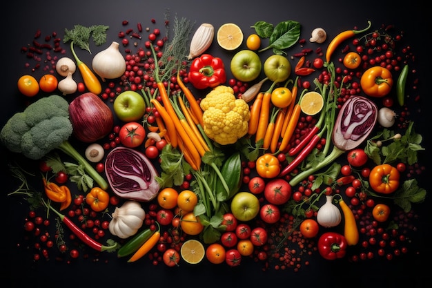 legumes e frutas dispostos em círculo sobre um fundo preto