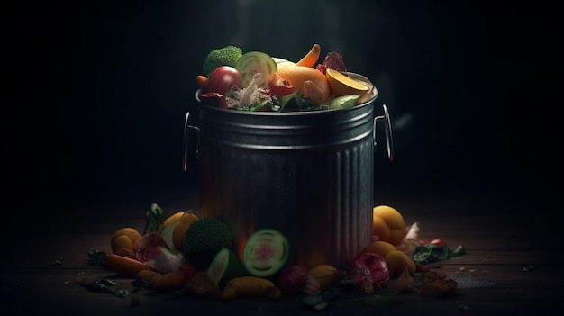 Legumes e frutas em um recipiente de lixo Generative Ai