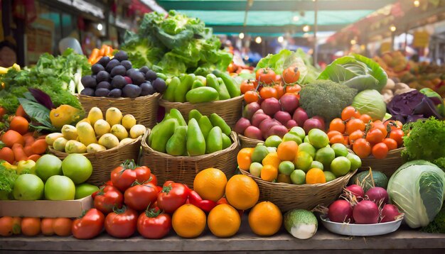 Legumes e frutas frescos expostos no balcão do mercado