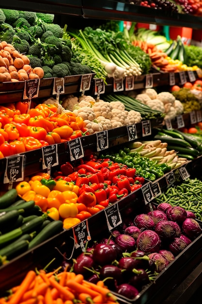 Foto legumes e frutas no balcão do mercado foco seletivo