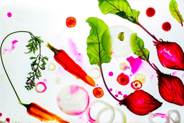 Foto legumes fatiados transparentes em um fundo branco suco e alface alimentos crus e veganos