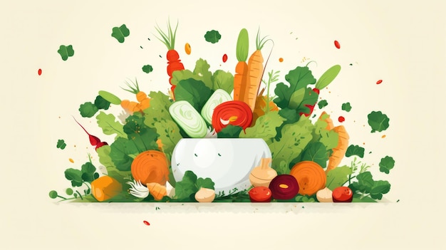 Legumes frescos caindo no pote vetor em camadas estilo de corte de papel ilustração cozinhar comida saudável refeição natural comida orgânica para modelo de banner de cartaz de menu
