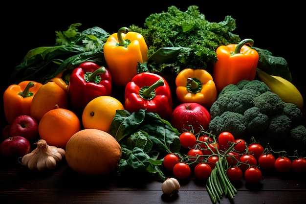 legumes frescos e frutas em fundo preto