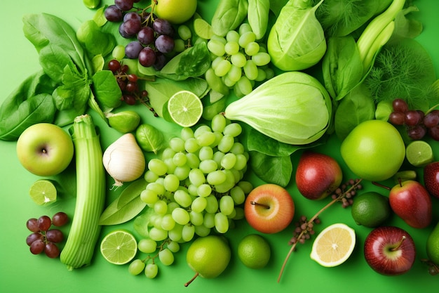 Foto legumes frescos e frutas em fundo verde brilhante peras maduras uvas limão repolho salada de alface ervilhas e bok choy para uma alimentação saudável mercearia de layout criativo e produtos orgânicos