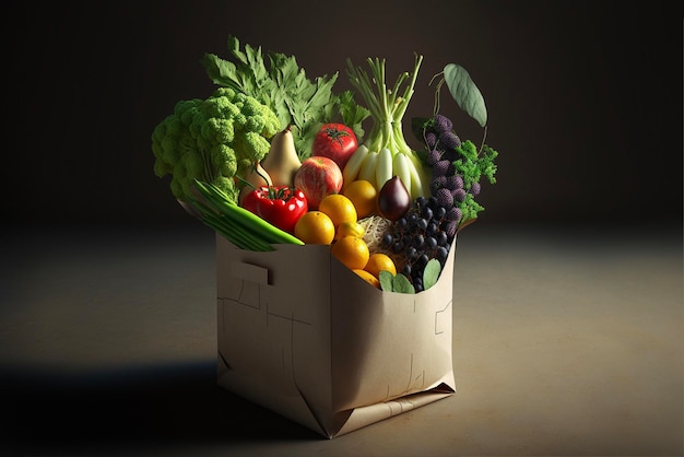 legumes frescos e frutas em uma sacola de compras de papel