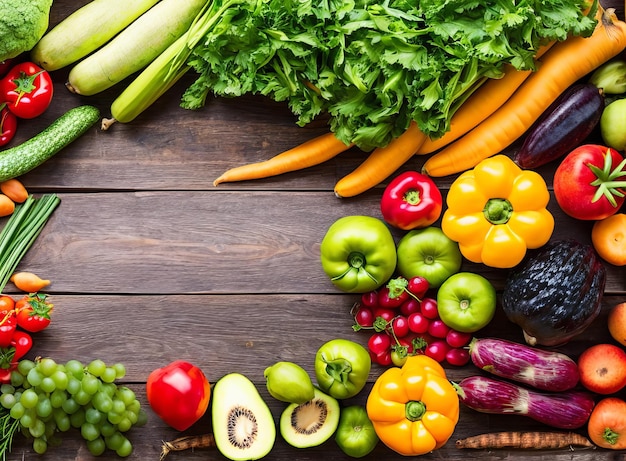 Foto legumes frescos e frutas em uma vista superior de fundo de madeira