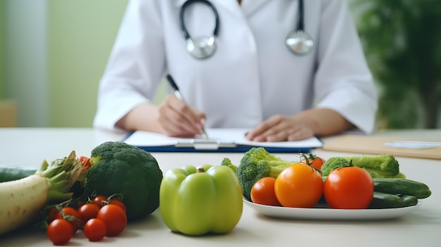 Foto legumes frescos e frutas na mesa com nutricionista médica trabalhando no hospital de escritório