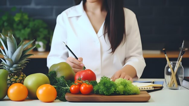 Foto legumes frescos e frutas na mesa com nutricionista médica trabalhando no hospital de escritório