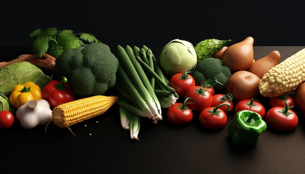 legumes frescos e milho em fundo preto em cestas