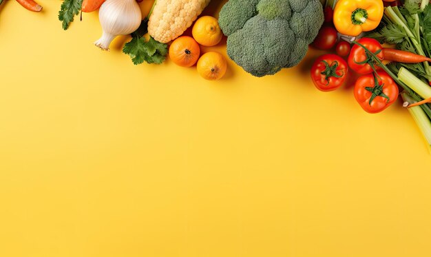 Legumes frescos em fundo amarelo Vista superior Espaço para cópia Ingrediente de cozinha cenoura tomate pepino pimenta brócolis cebola Banner de comida orgânica vegetariana Criado com ferramentas generativas de IA