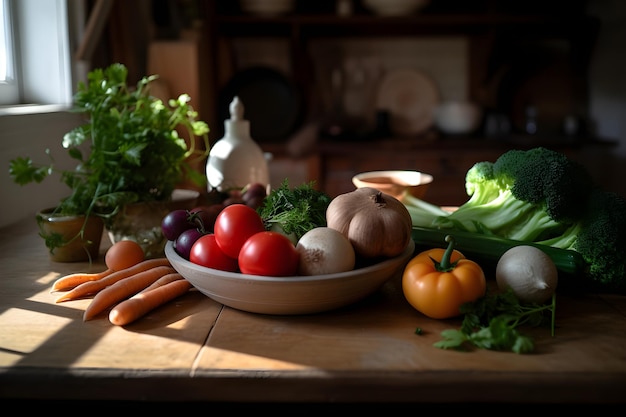 Legumes frescos prontos para cozinhar preparação para cozinhar saudável em uma mesa de madeira no interior rústico da cozinha gerada por IA