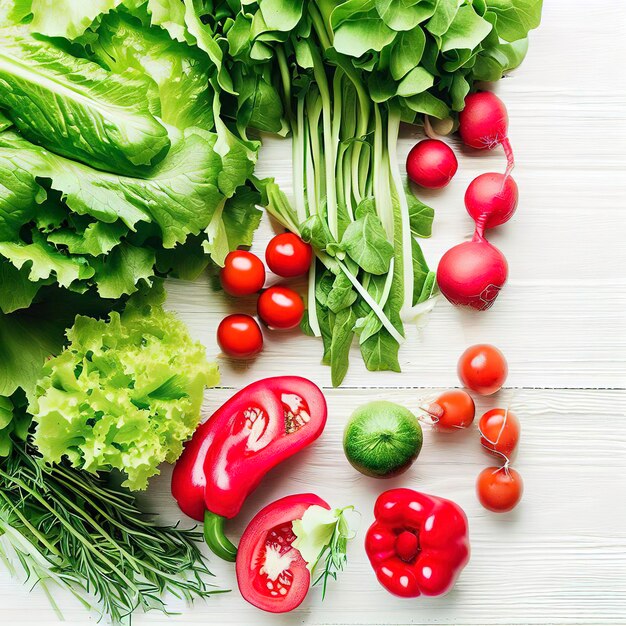 Legumes frescos verdes e vermelhos pimentões vermelhos rabanetes tomates salada verde estão sobre uma mesa de madeira branca plana