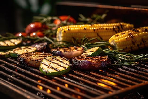 Foto legumes fritos em um churrasco em um fundo escuro generative ai technology