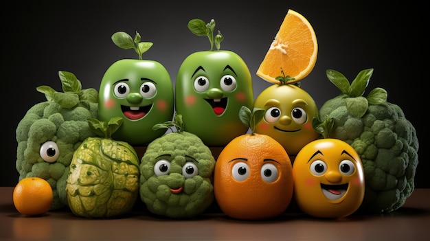 Legumes, frutas, personagem de desenho animado, personalidade, ingredientes dietéticos engraçados de comida adequada, produtos fofos e engraçados, mercearia com características faciais humanas