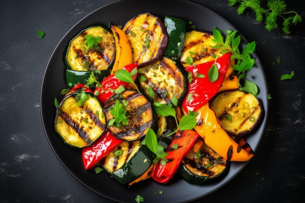 Legumes grelhados pimentão colorido abobrinha berinjela com manjericão e ervas secas em um prato