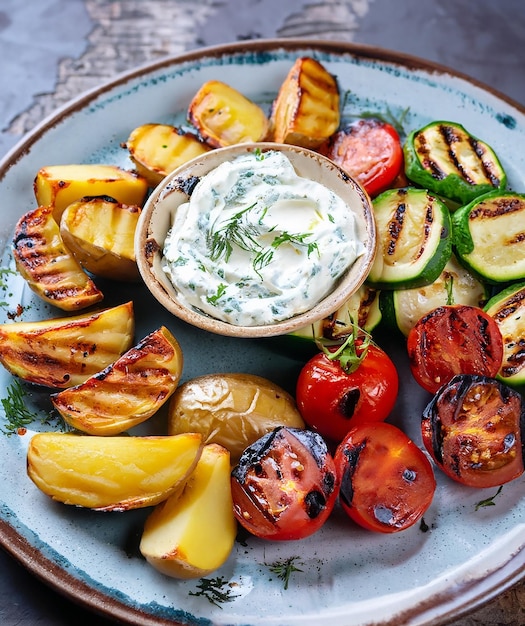 Legumes grelhados tradicionais com batatas de churrasco e tzatziki servidos como closeup