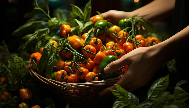 Foto legumes orgânicos frescos tomates maduros alimentação saudável natureza recompensa cesta verde gerada por inteligência artificial