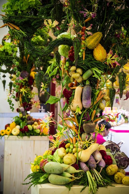 Foto legumes pendurados em árvores em exposição