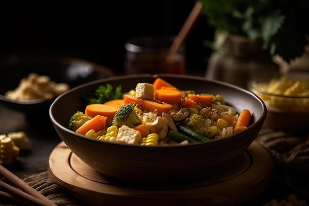 Legumes salteados em uma tigela sobre uma mesa de madeira gerada por IA